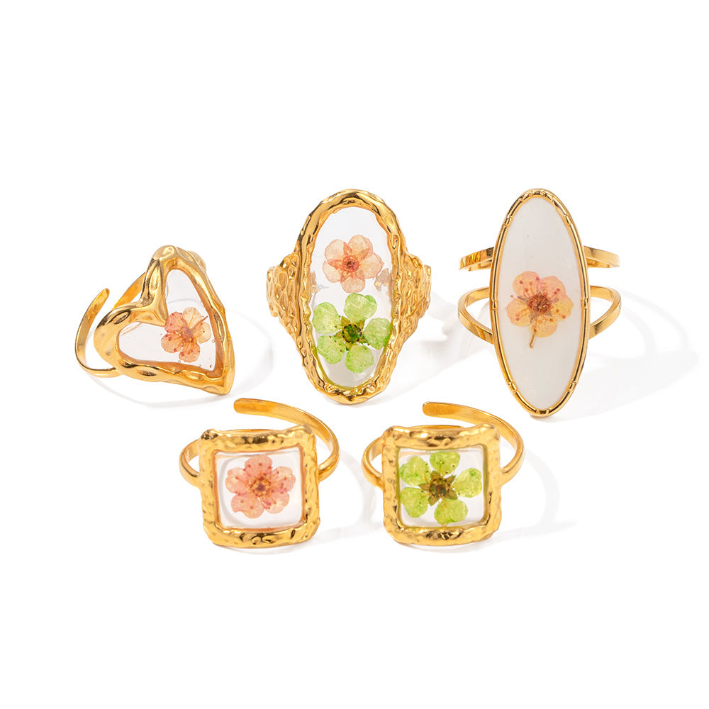 Sweetbones New Summer New Trendy Jewelry Preserved Fresh Flower Series Stainless Steel Ring High-Grade Accessories